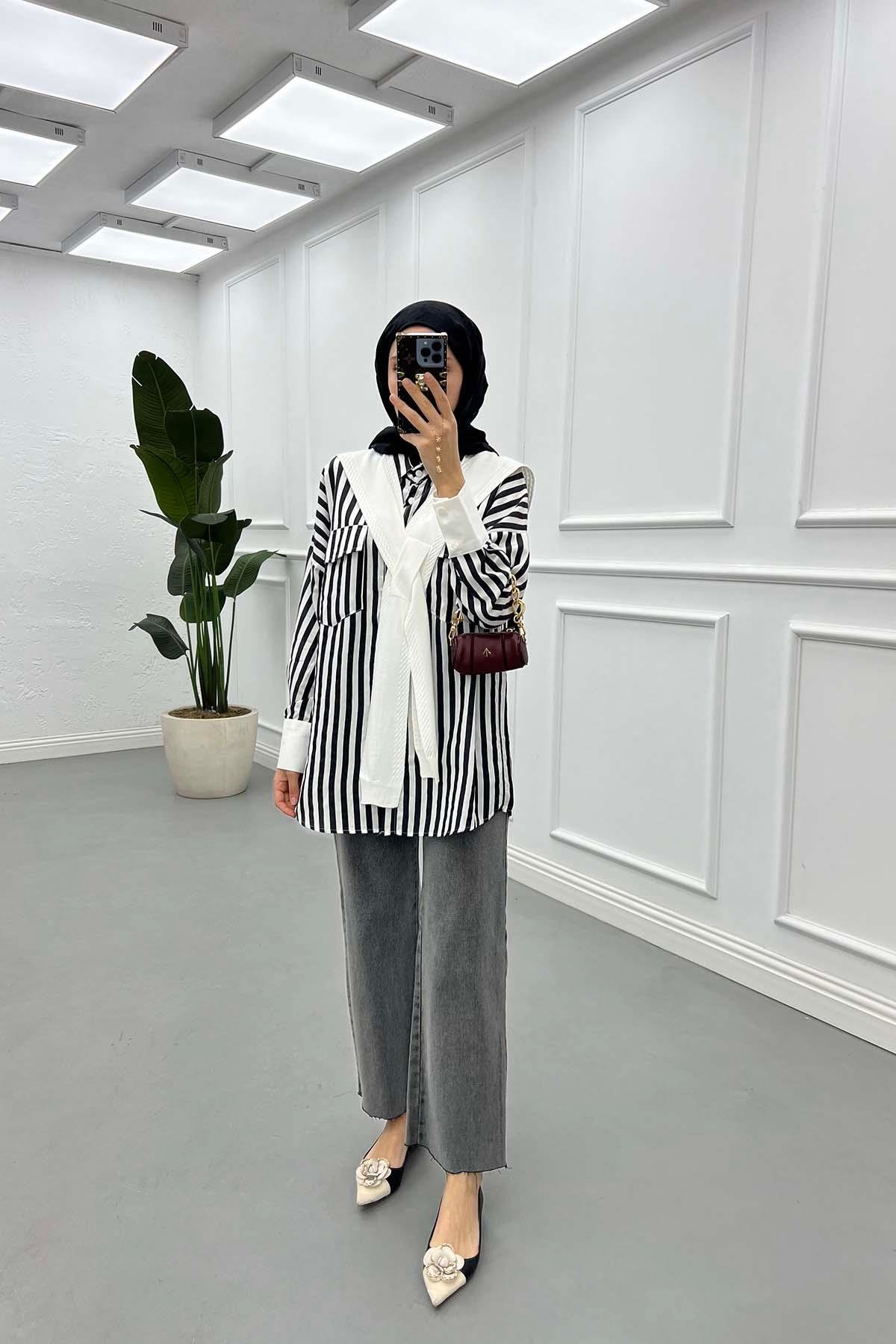Sare Fashion Striped Pattern Shirt with Scarf Black