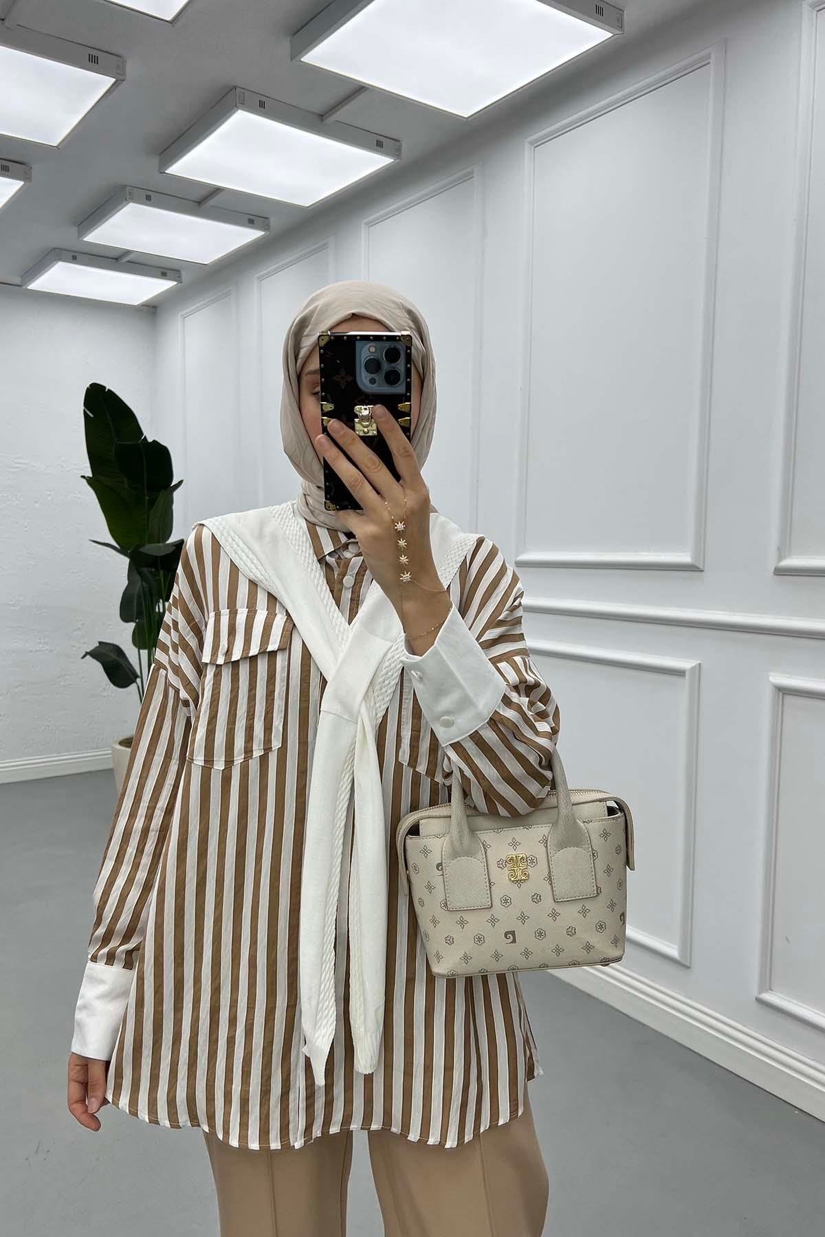 Sare Fashion Striped Pattern Shirt with Scarf and Milk Coffee