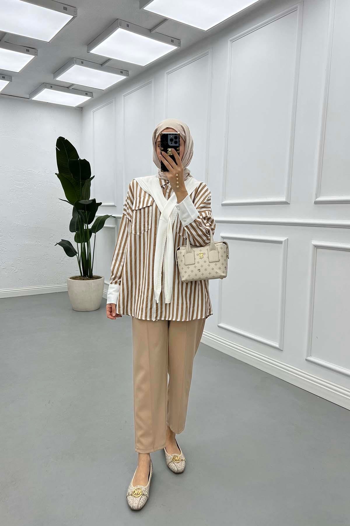 Sare Fashion Striped Pattern Shirt with Scarf and Milk Coffee