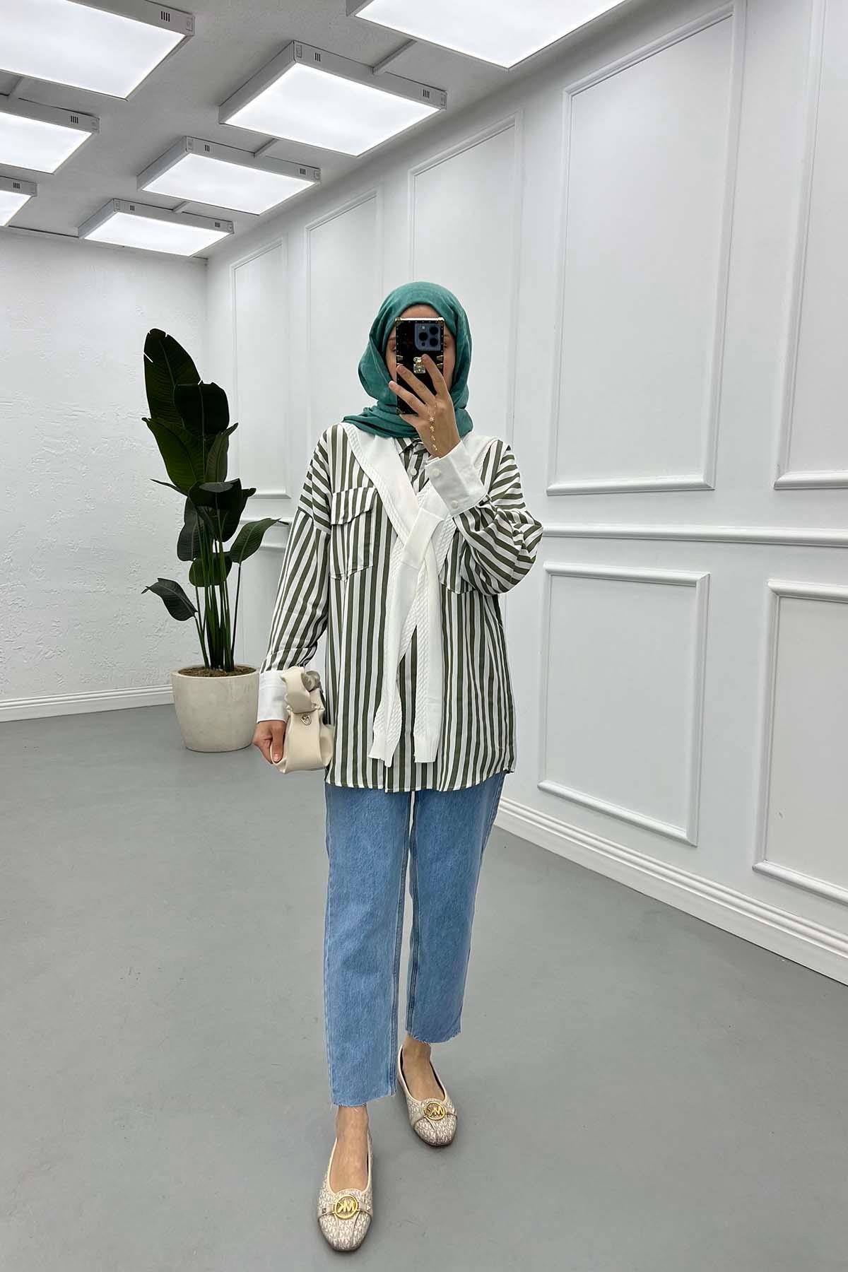 Sare Fashion Striped Pattern Shirt with Scarf Green