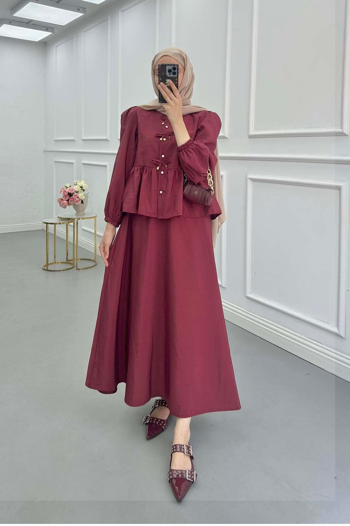 Sare Fashion Lace Detailed Ruffle Skirt Suit Claret Red