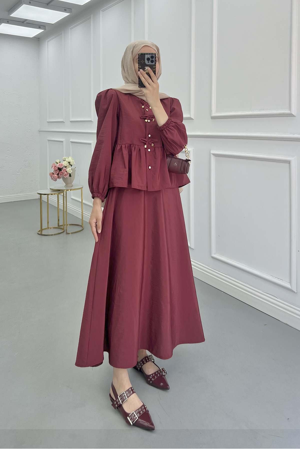 Sare Fashion Lace Detailed Ruffle Skirt Suit Claret Red