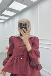 Sare Fashion Lace Detailed Ruffle Skirt Suit Claret Red