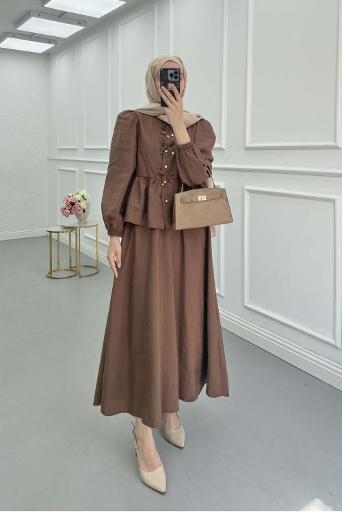 Sare Fashion Lace Detailed Ruffle Skirt Suit Brown