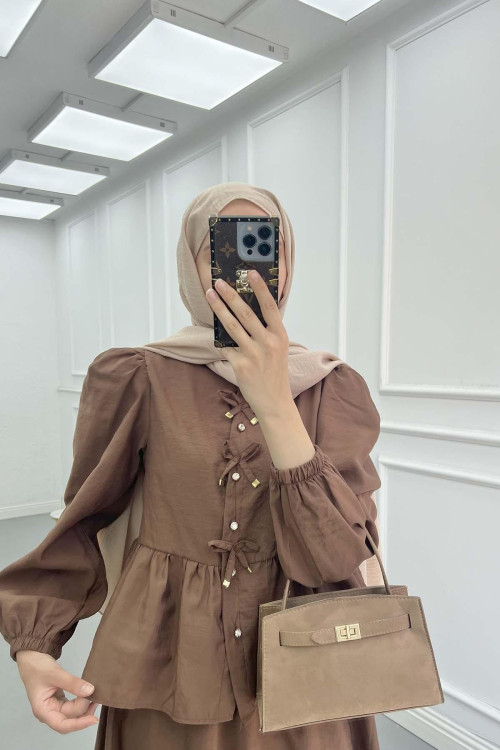Sare Fashion Lace Detailed Ruffle Skirt Suit Brown