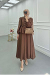 Sare Fashion Lace Detailed Ruffle Skirt Suit Brown