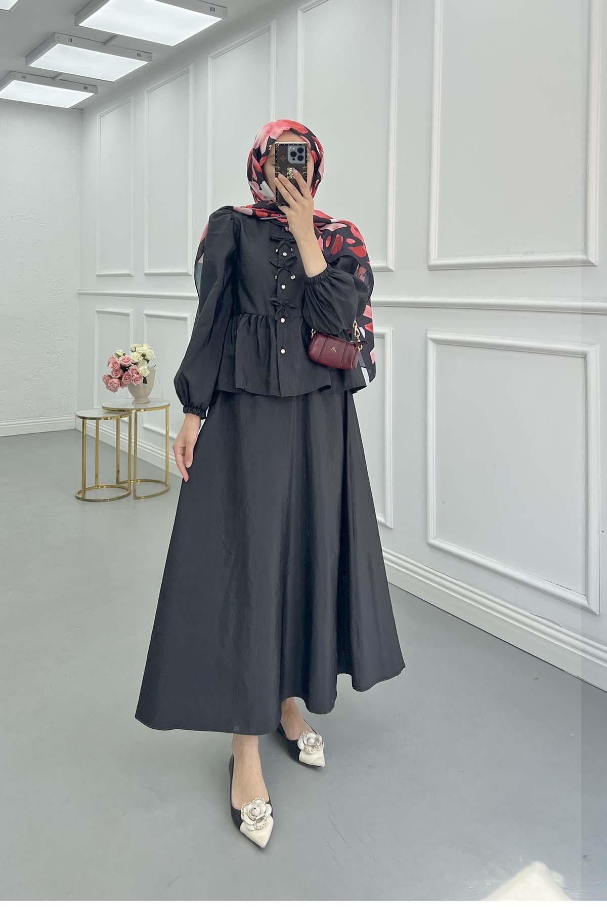 Sare Fashion Lace Detailed Ruffle Skirt Suit Black