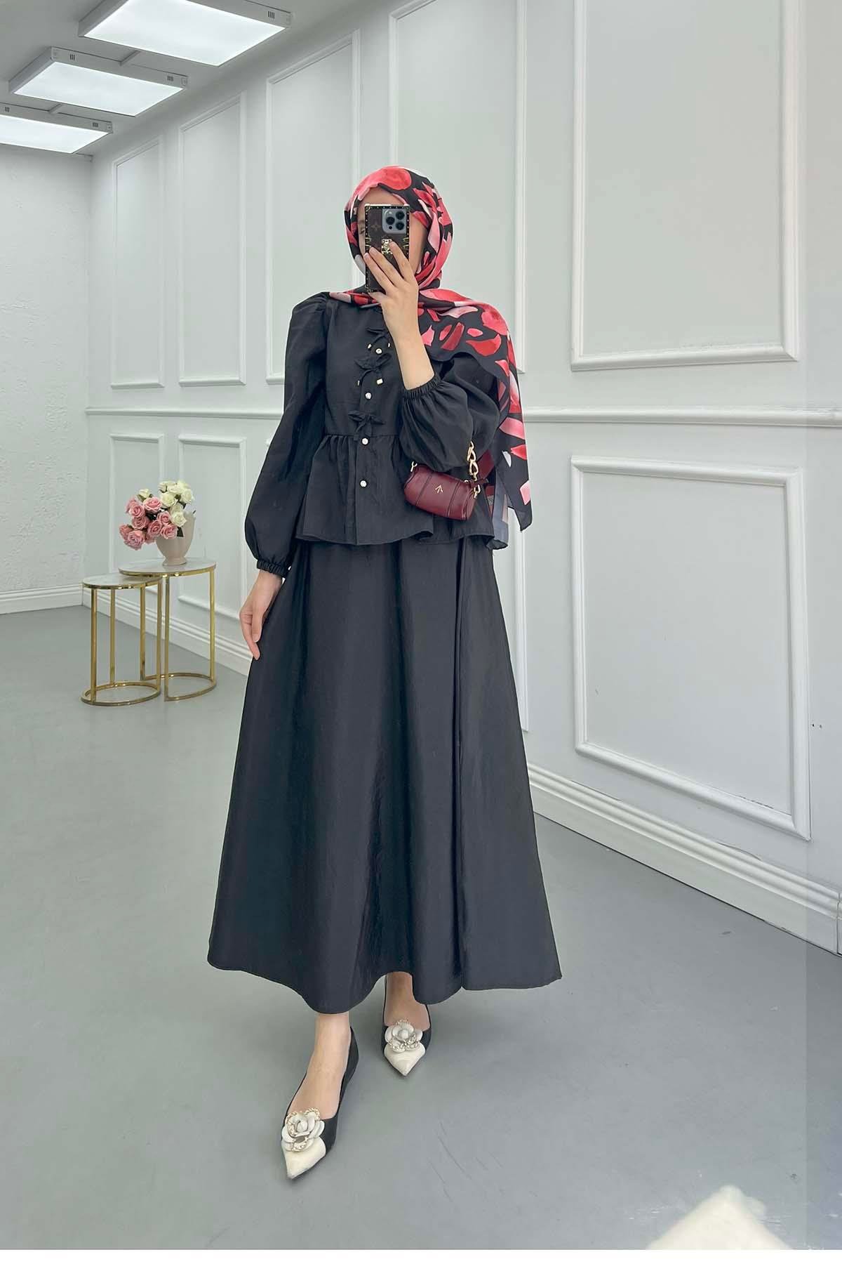 Sare Fashion Lace Detailed Ruffle Skirt Suit Black