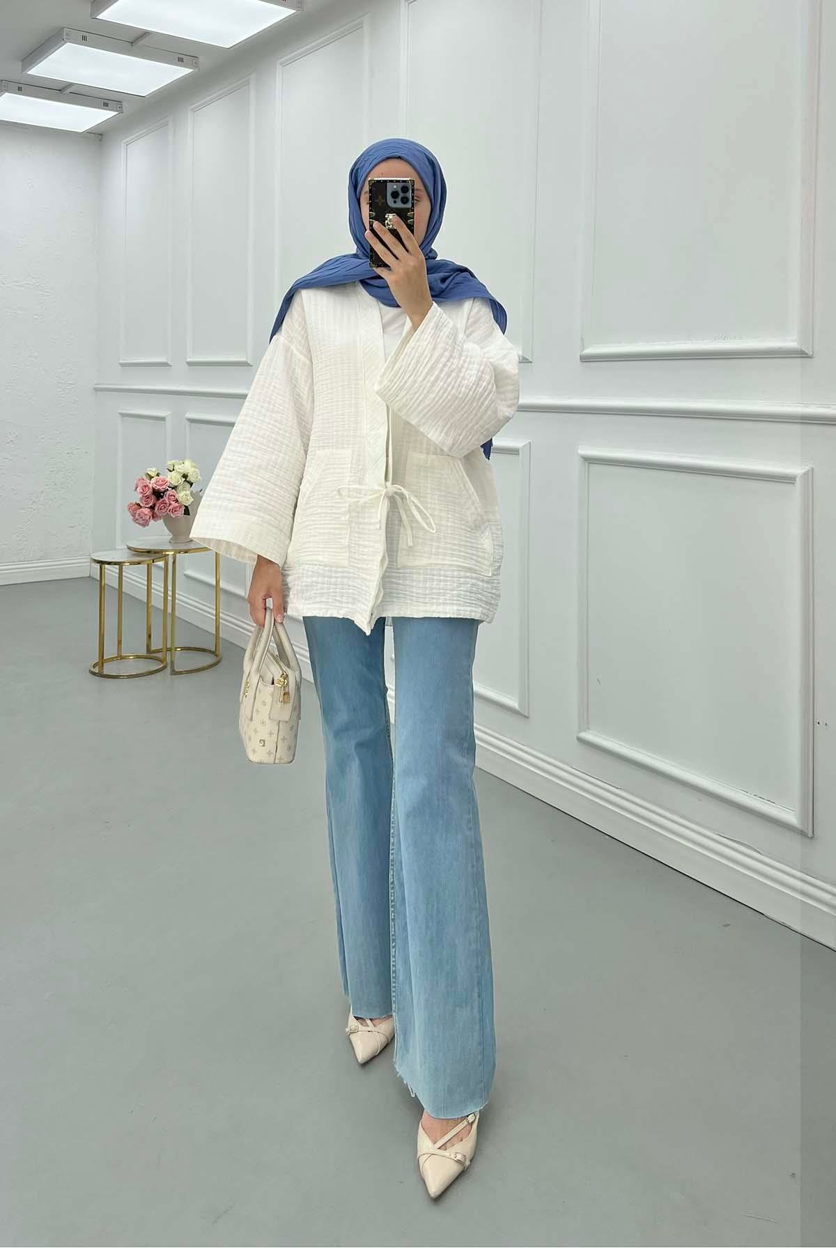 Sare Fashion Lace Detailed Muslin Kimono White