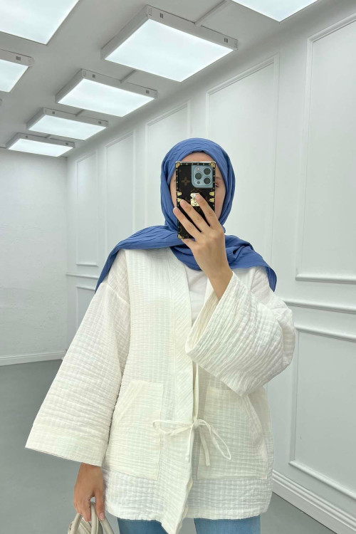 Sare Fashion Lace Detailed Muslin Kimono White