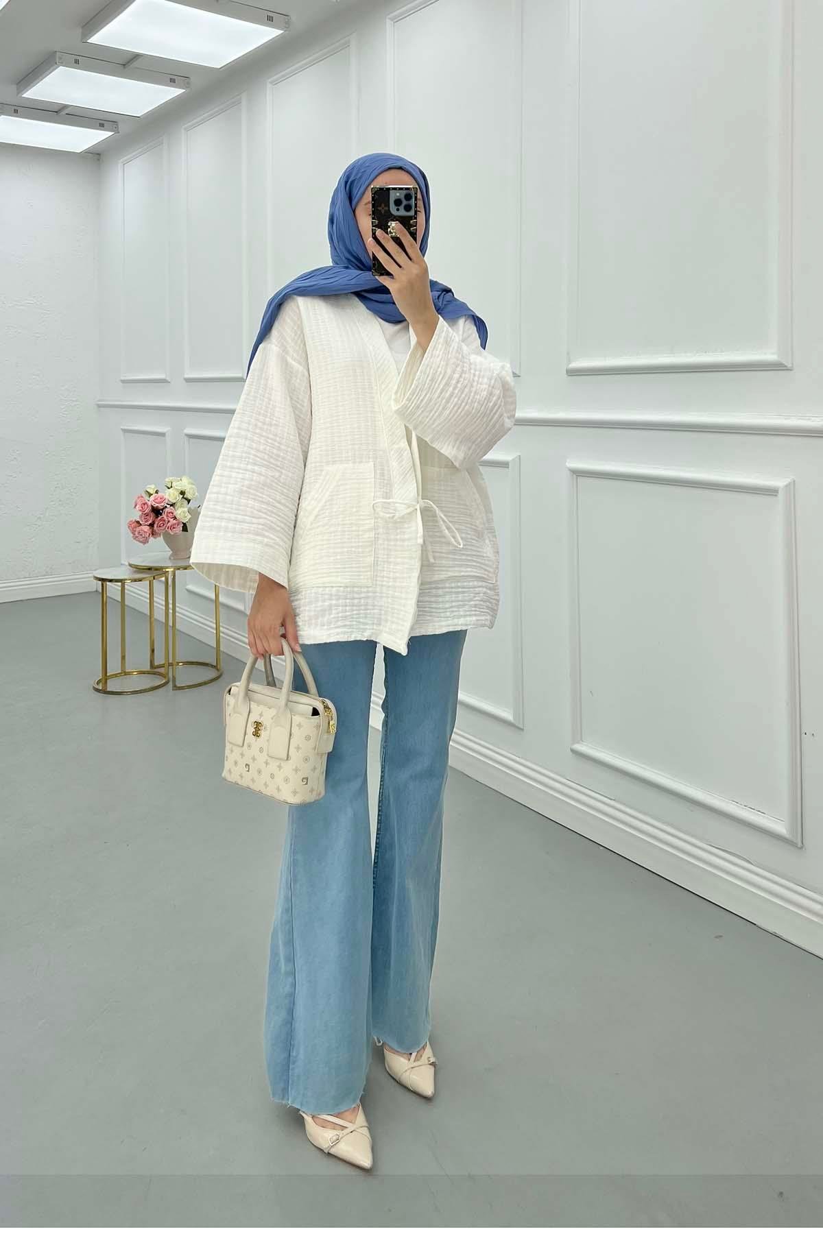 Sare Fashion Lace Detailed Muslin Kimono White