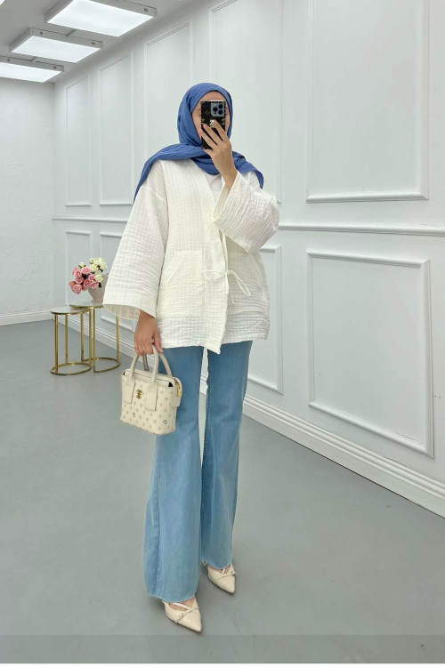 Sare Fashion Lace Detailed Muslin Kimono White