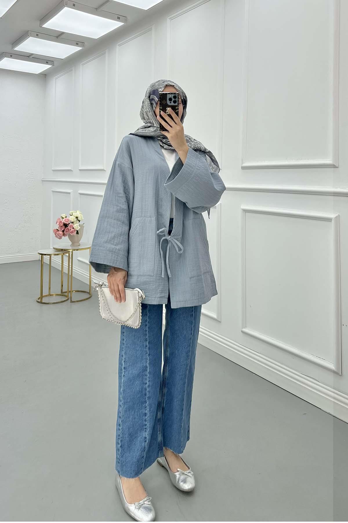 Sare Fashion Muslin Kimono with Lace Detail, Foggy Blue