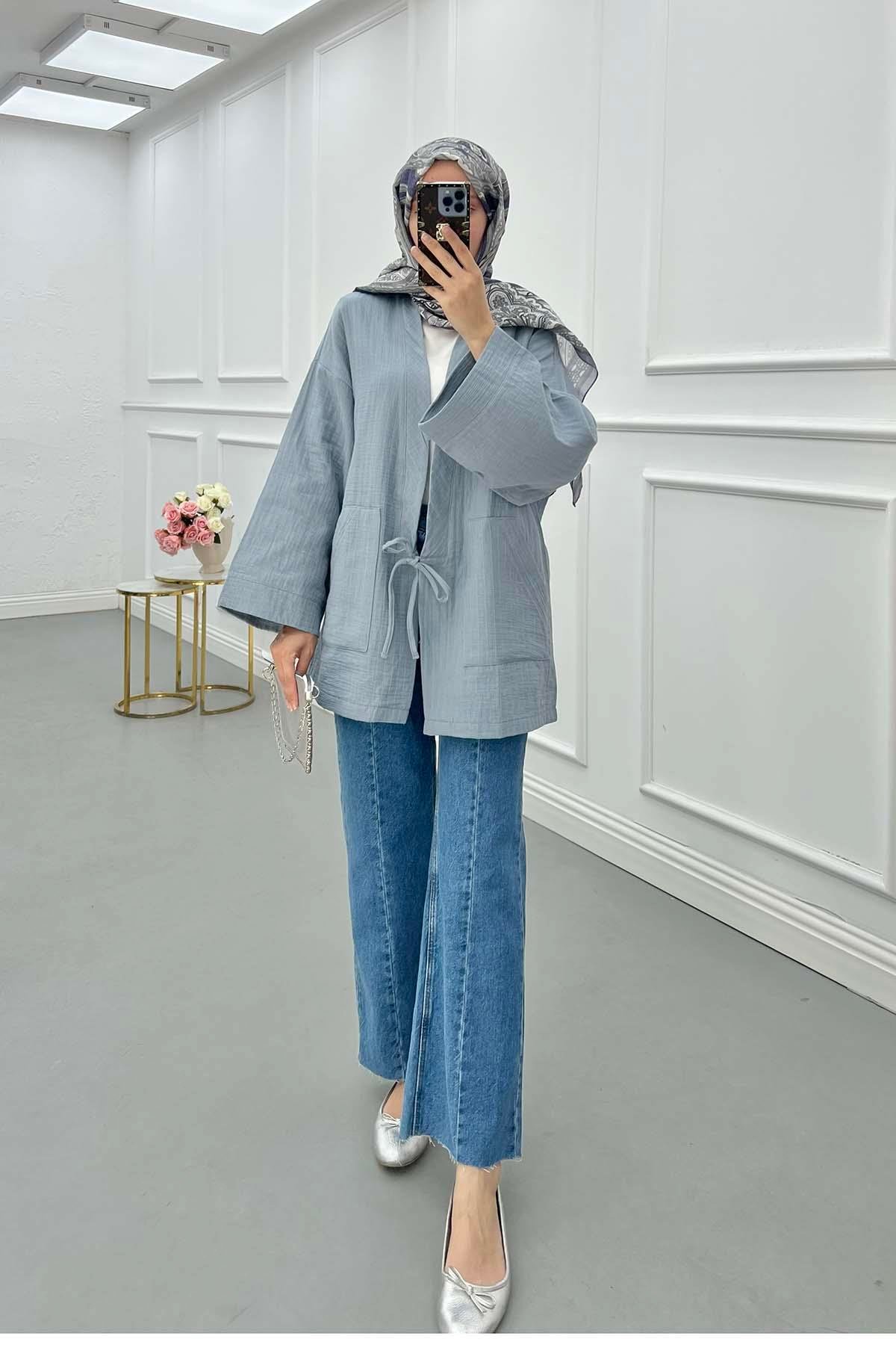 Sare Fashion Muslin Kimono with Lace Detail, Foggy Blue