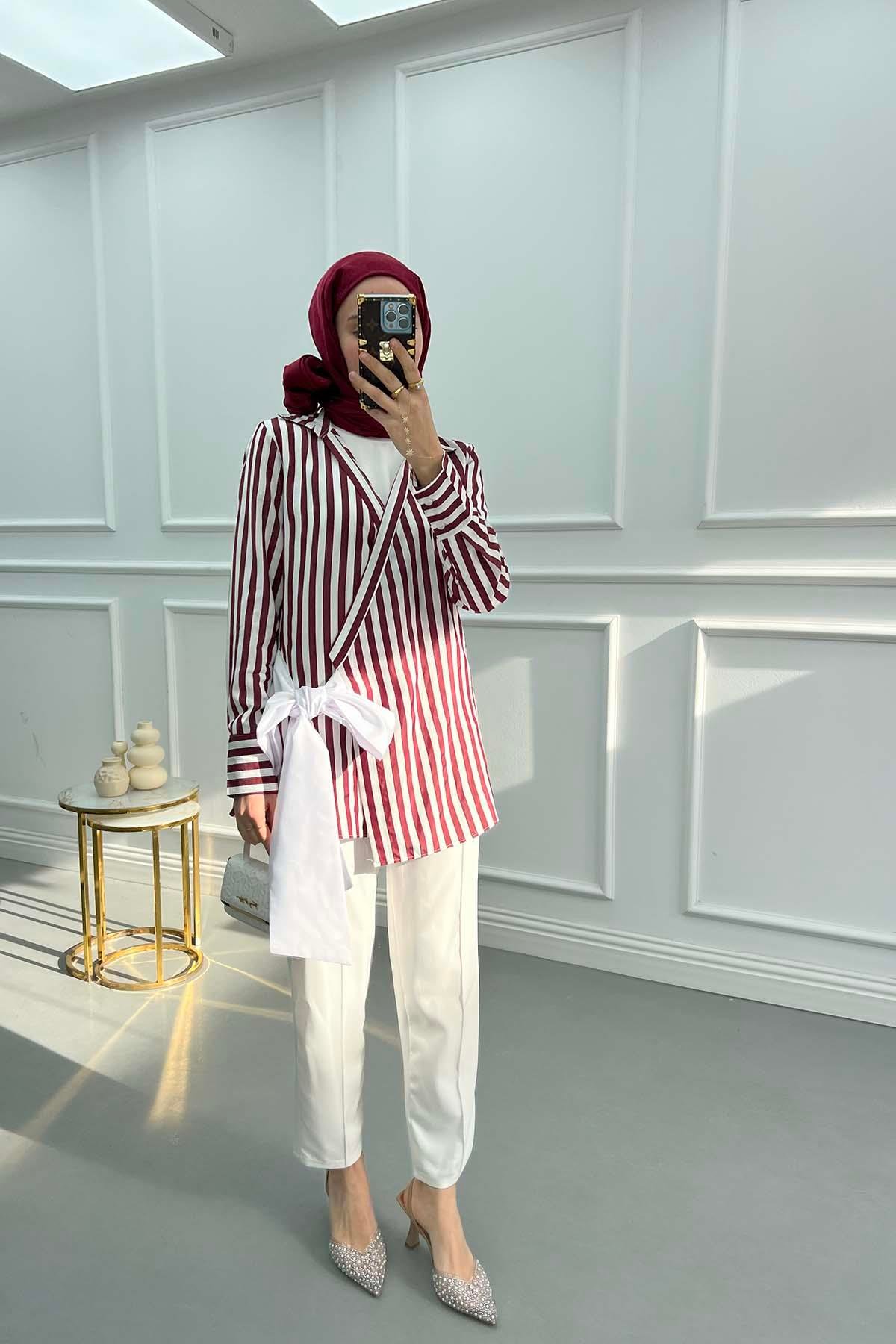 Striped Kimono with Tie Detail Claret Red