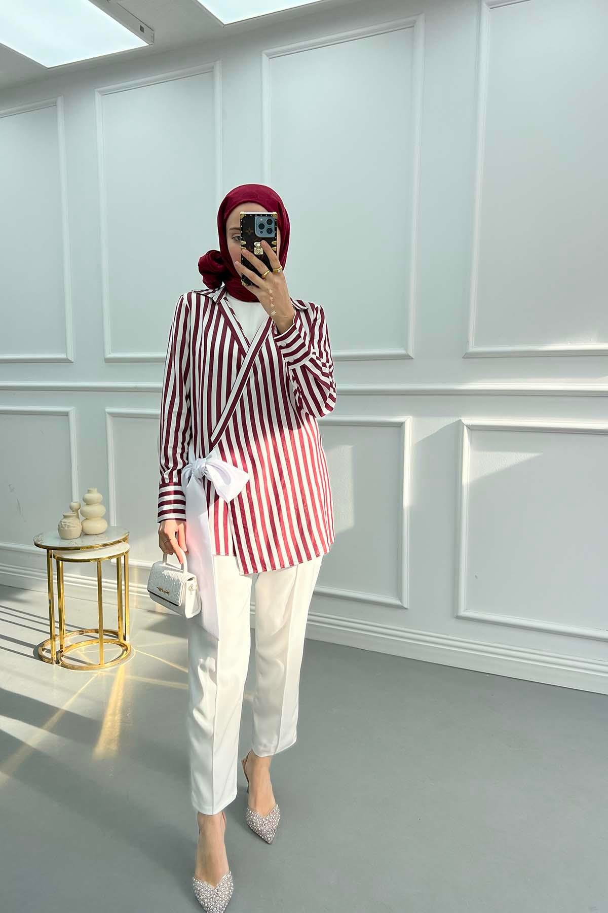 Striped Kimono with Tie Detail Claret Red