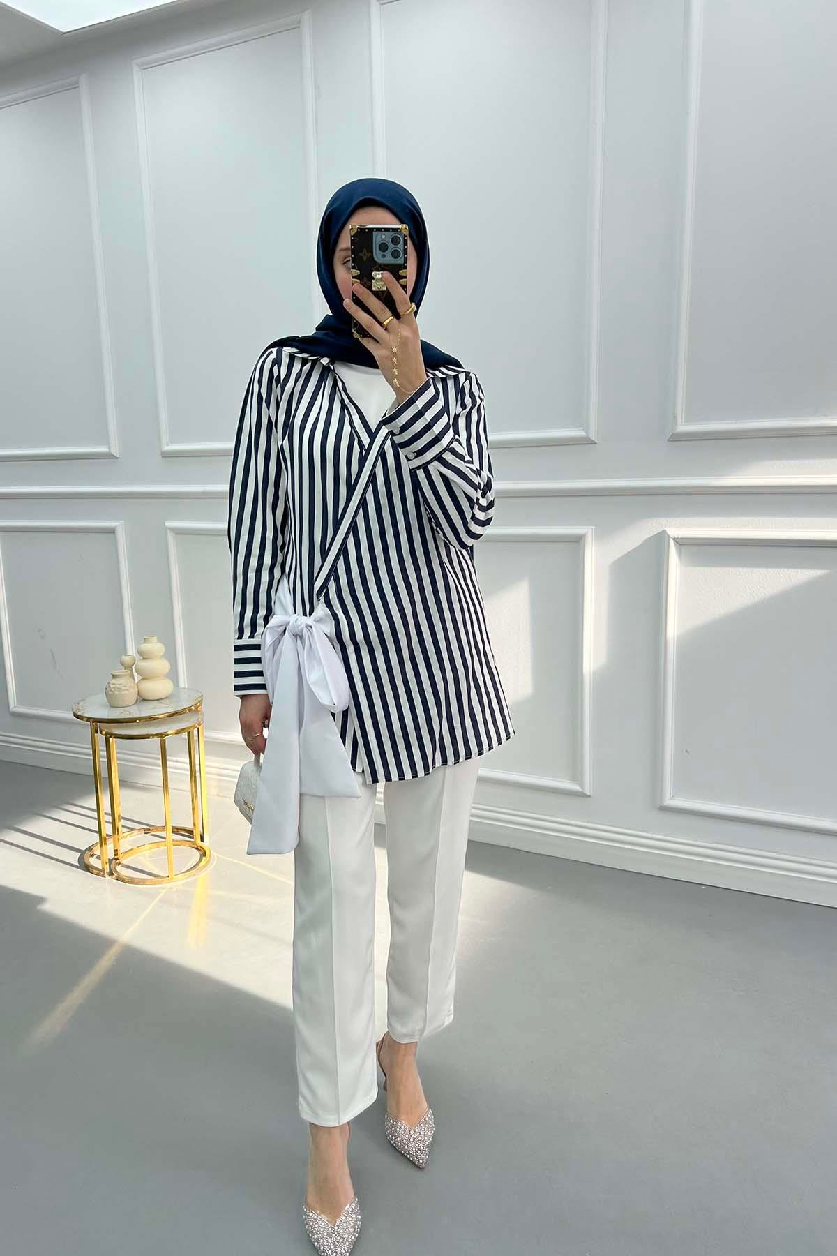 Striped Kimono with Tie Detail Navy Blue