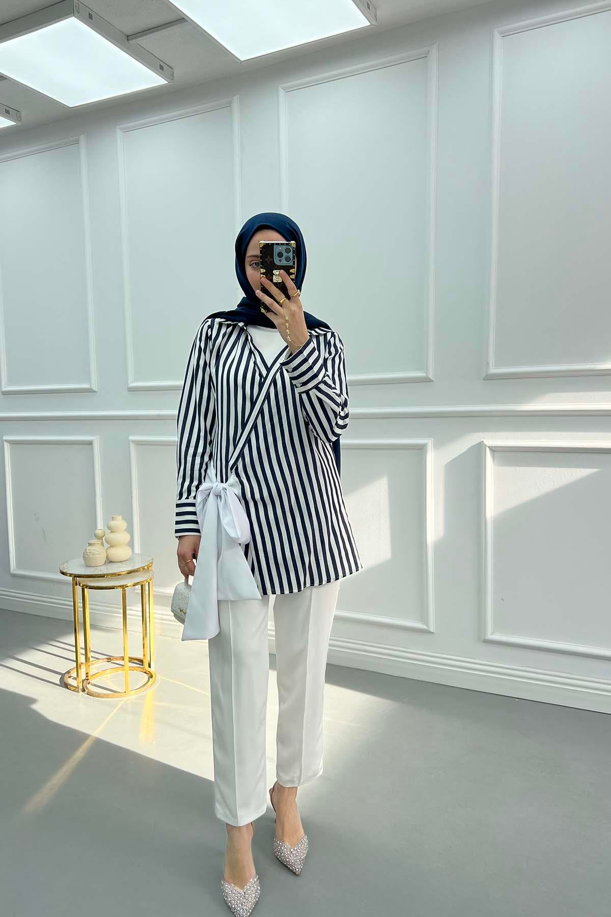 Striped Kimono with Tie Detail Navy Blue