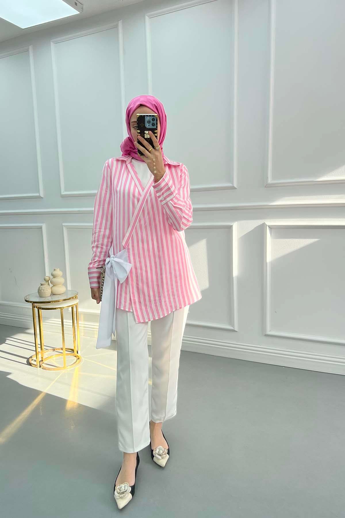 Striped Kimono Pink with Tie Detail