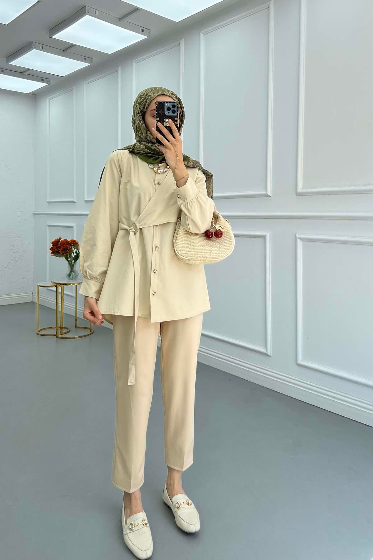 Sare Fashion Tie Detail Shirt Beige
