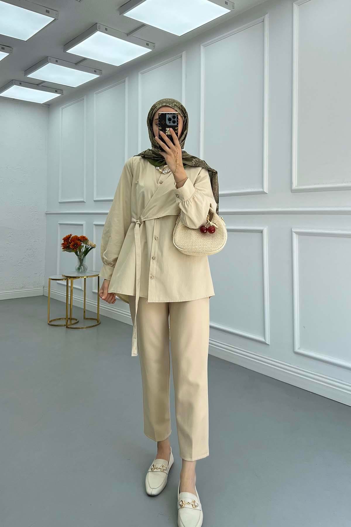 Sare Fashion Tie Detail Shirt Beige