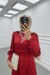 Sare Fashion Pearled Satin Dress with Tie Detail, Burgundy