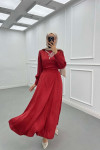 Sare Fashion Pearled Satin Dress with Tie Detail, Burgundy
