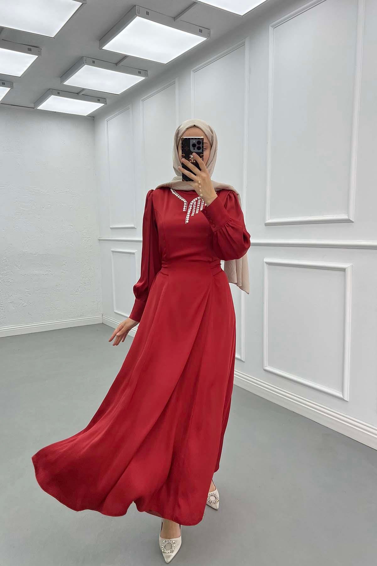 Sare Fashion Pearled Satin Dress with Tie Detail, Burgundy