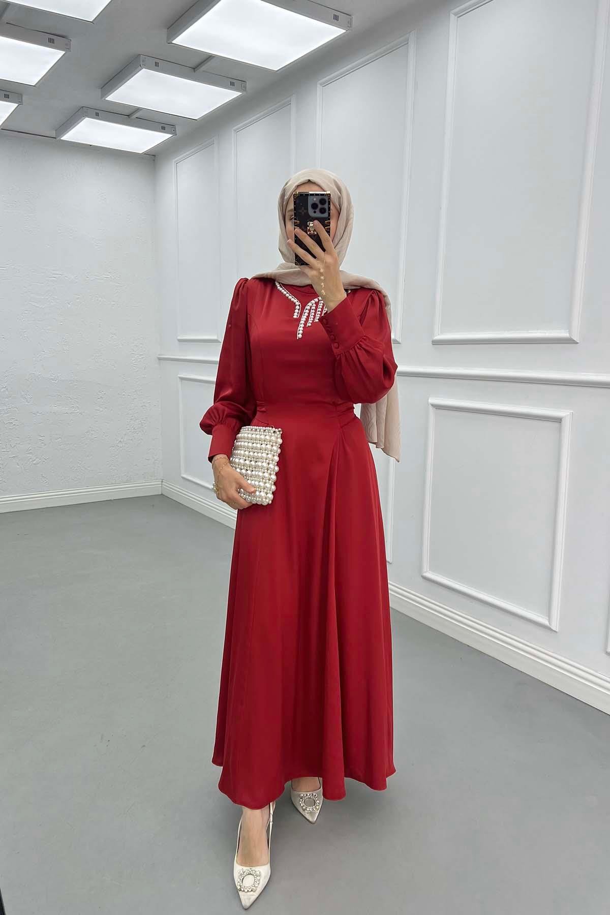 Sare Fashion Pearled Satin Dress with Tie Detail, Burgundy
