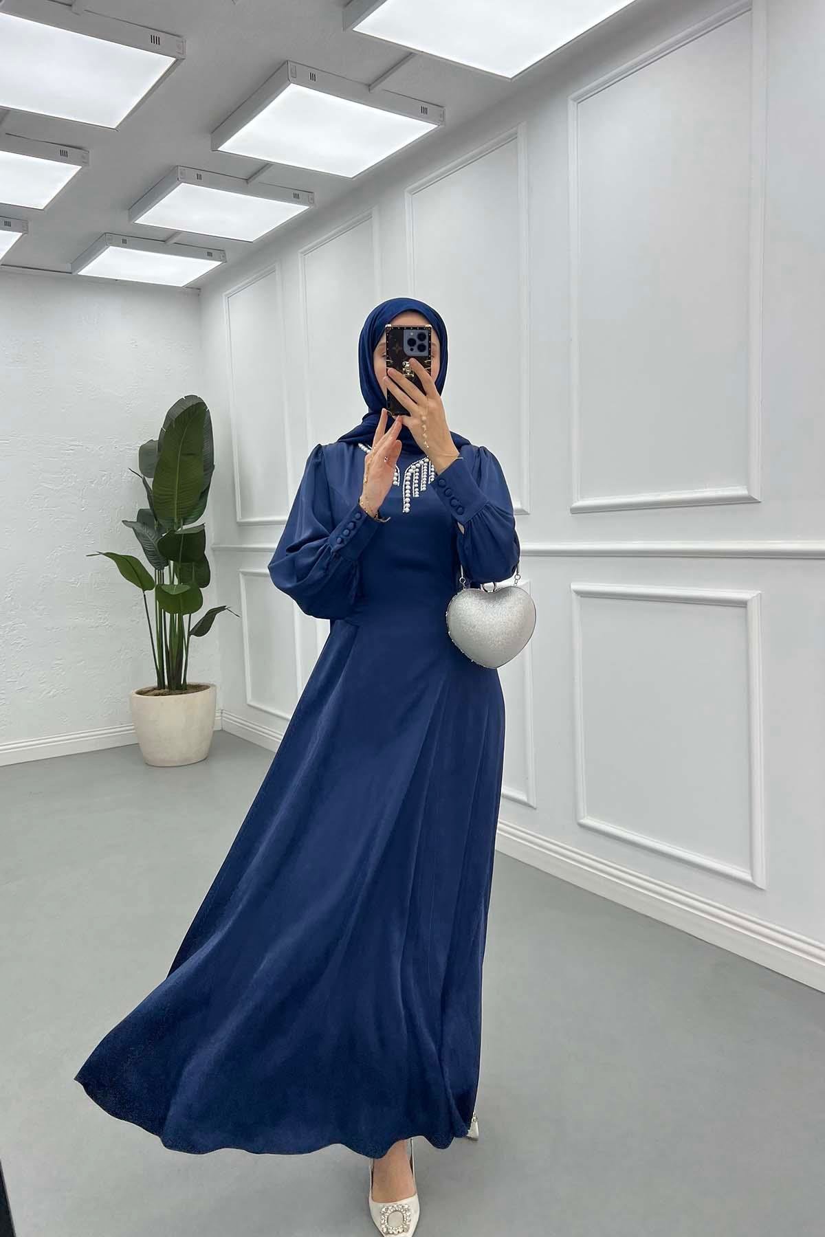Sare Fashion Pearled Satin Dress with Tie Detail Navy Blue