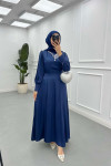 Sare Fashion Pearled Satin Dress with Tie Detail Navy Blue