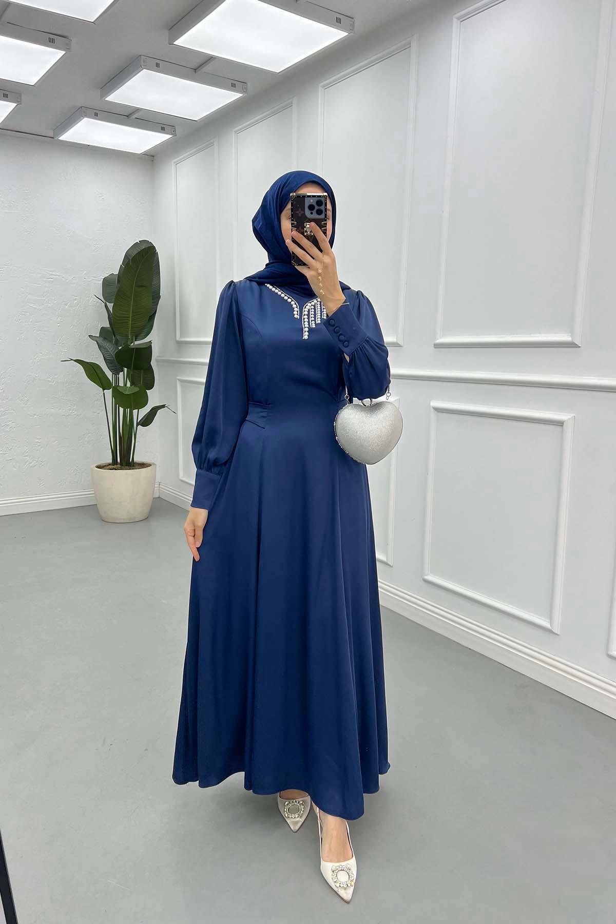 Sare Fashion Pearled Satin Dress with Tie Detail Navy Blue