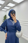 Sare Fashion Pearled Satin Dress with Tie Detail Navy Blue
