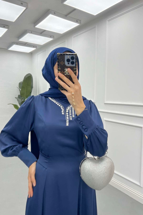 Sare Fashion Pearled Satin Dress with Tie Detail Navy Blue
