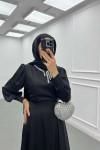 Sare Fashion Pearled Satin Dress with Tie Detail Black