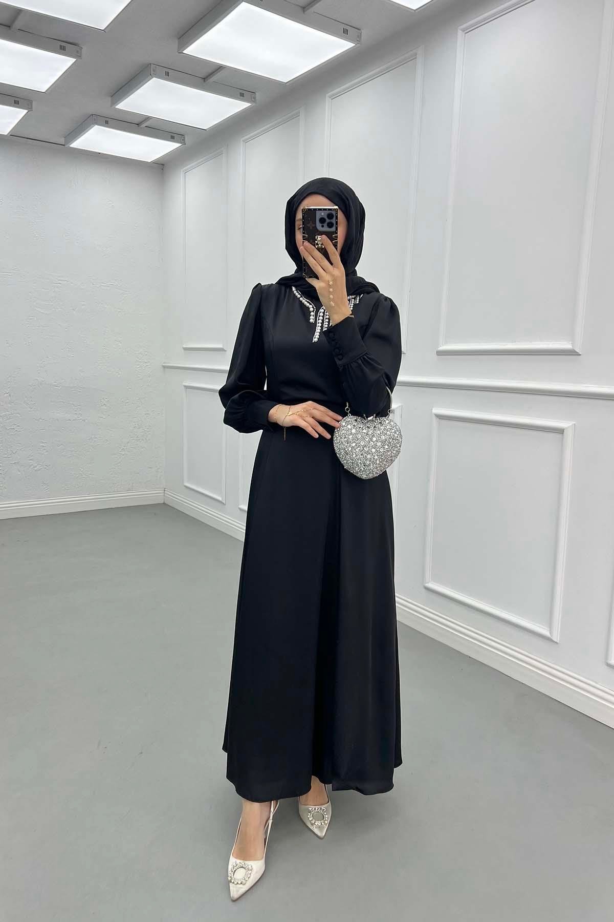 Sare Fashion Pearled Satin Dress with Tie Detail Black