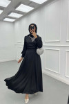 Sare Fashion Pearled Satin Dress with Tie Detail Black