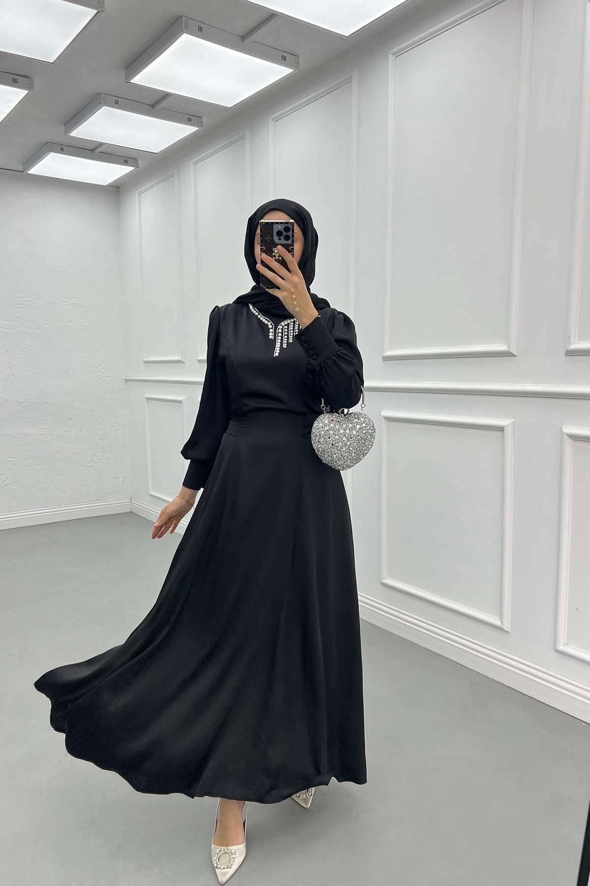 Sare Fashion Pearled Satin Dress with Tie Detail Black