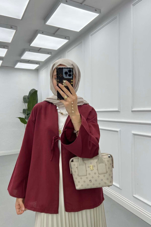Sare Fashion Kimono Burgundy with Tie Detail