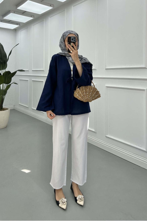 Sare Fashion Tie Detailed Kimono Navy Blue