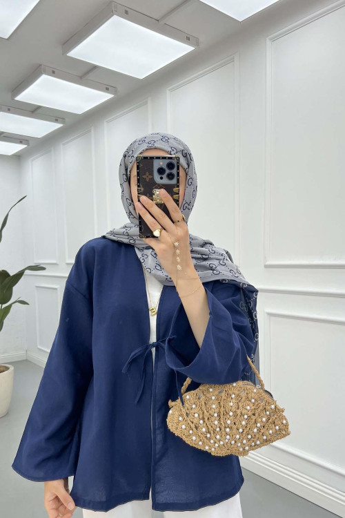 Sare Fashion Tie Detailed Kimono Navy Blue