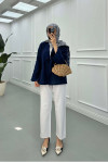 Sare Fashion Tie Detailed Kimono Navy Blue