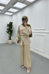 Sare Fashion Tie Detail Belted Suit Beige