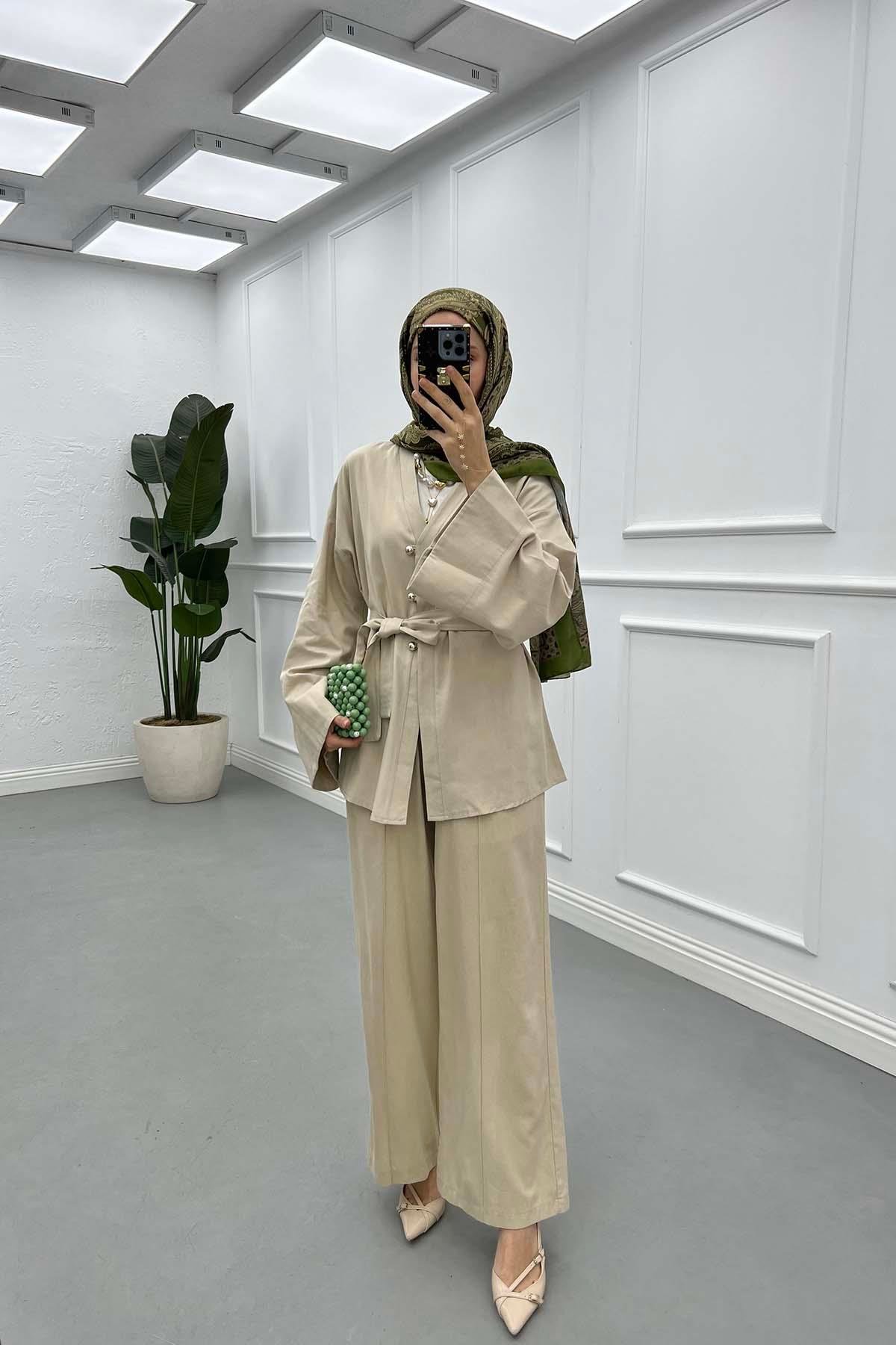 Sare Fashion Tie Detail Belted Suit Beige