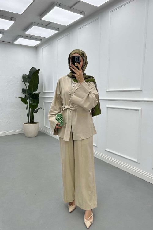 Sare Fashion Tie Detail Belted Suit Beige