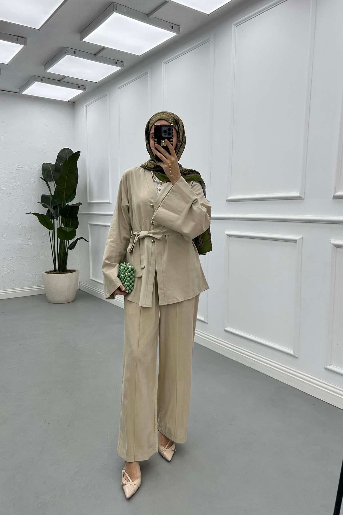 Sare Fashion Tie Detail Belted Suit Beige