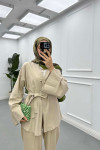 Sare Fashion Tie Detail Belted Suit Beige