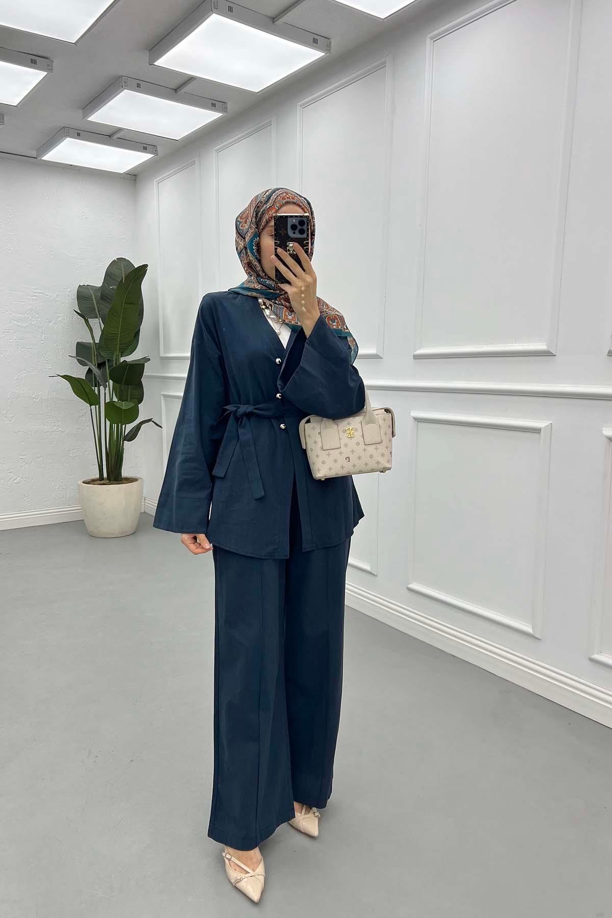 Sare Fashion Tie Detail Belted Suit Navy Blue