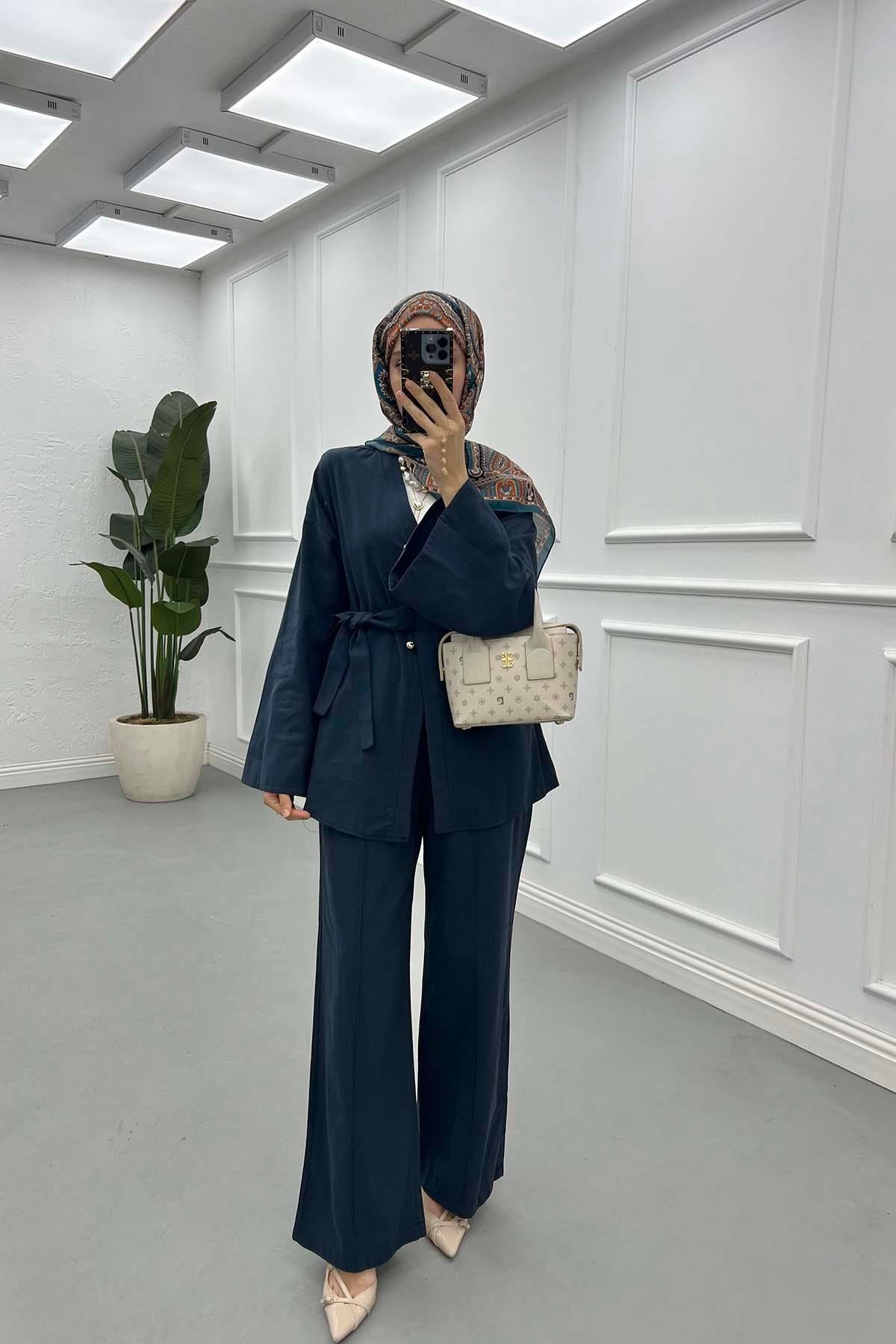Sare Fashion Tie Detail Belted Suit Navy Blue