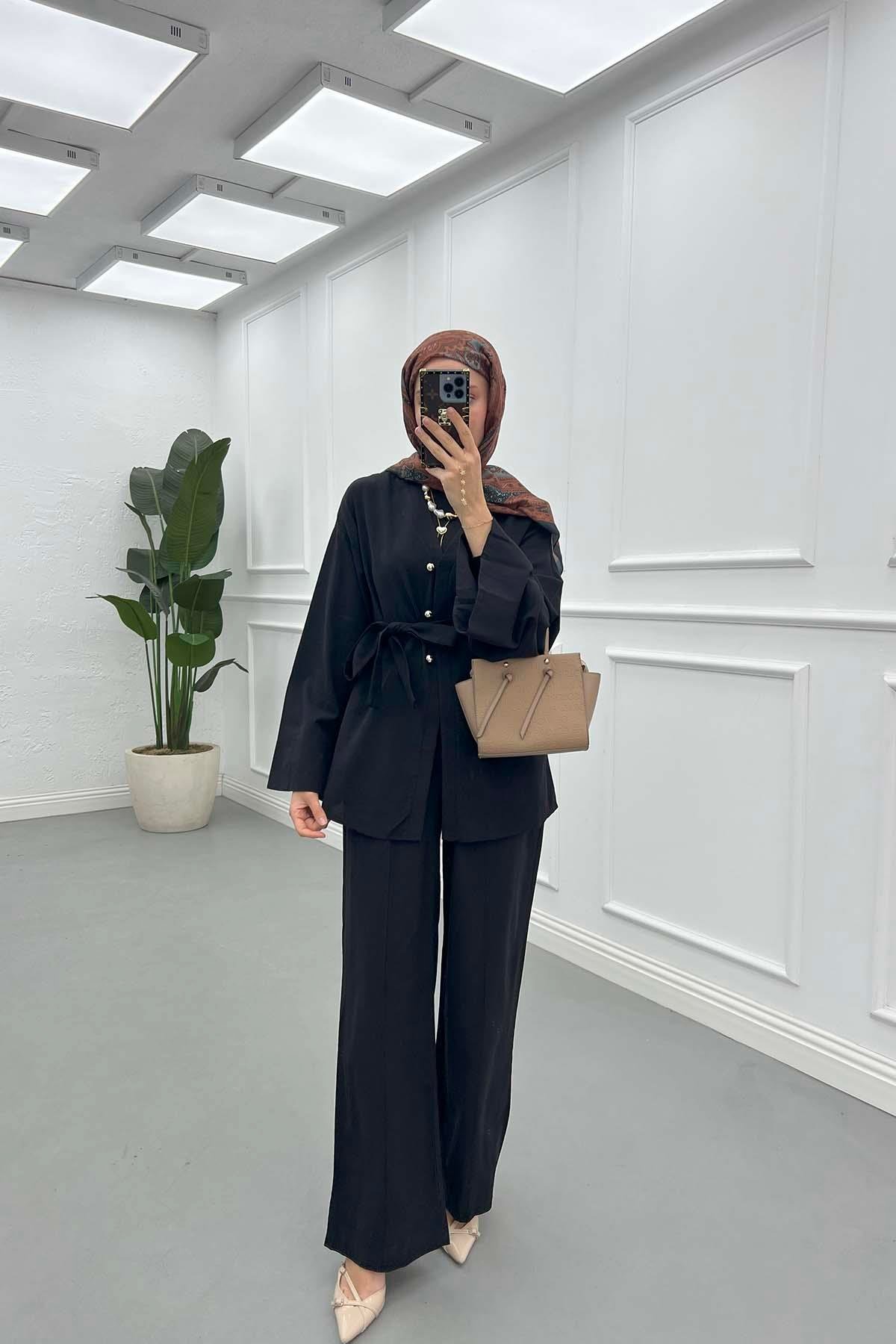 Sare Fashion Tie Detail Belted Suit Black
